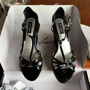 White House Black Market Talah black Woven Bow Strappy wedge.